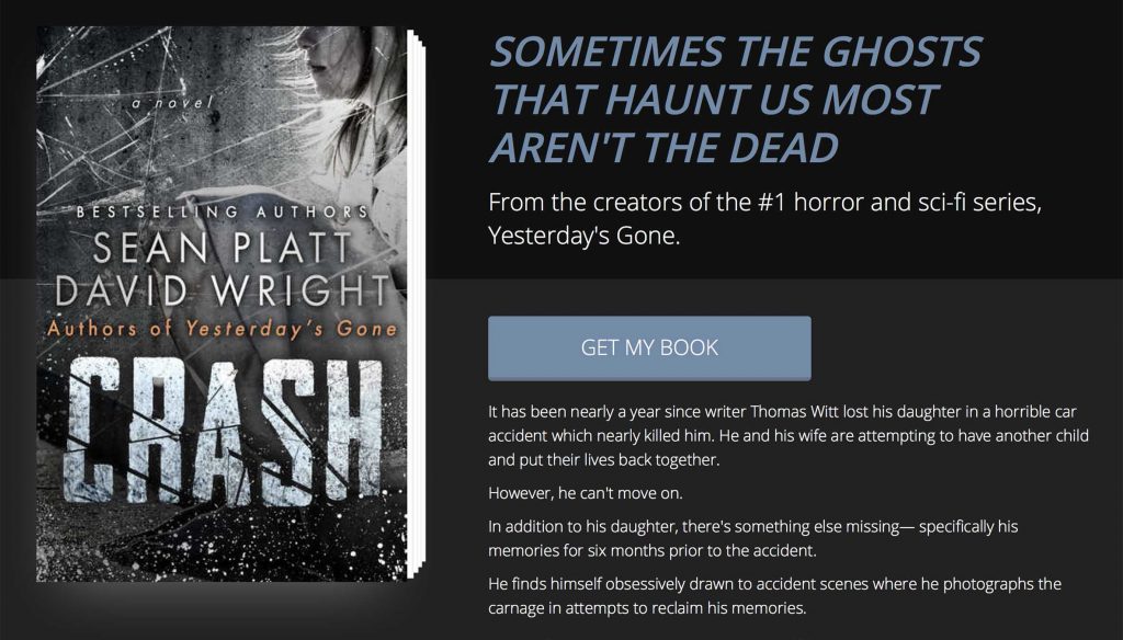 Custom landing page design by BookFunnel for Crash by Sean Platt and David Wright