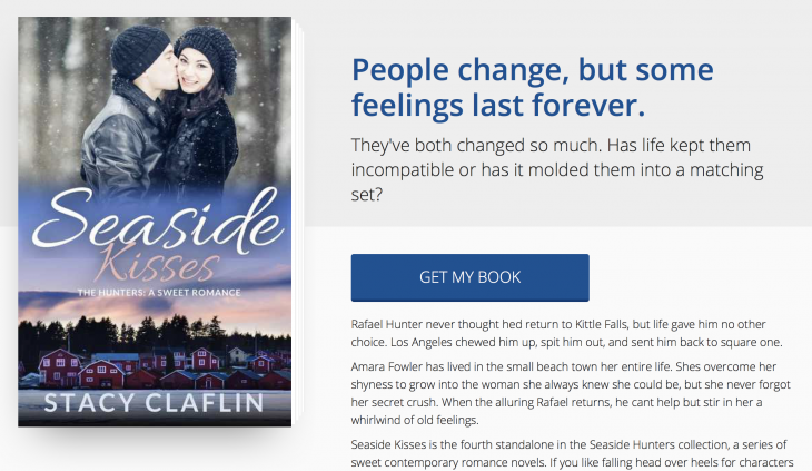 Custom landing page design by BookFunnel for Seaside Kisses by Stacy Claflin
